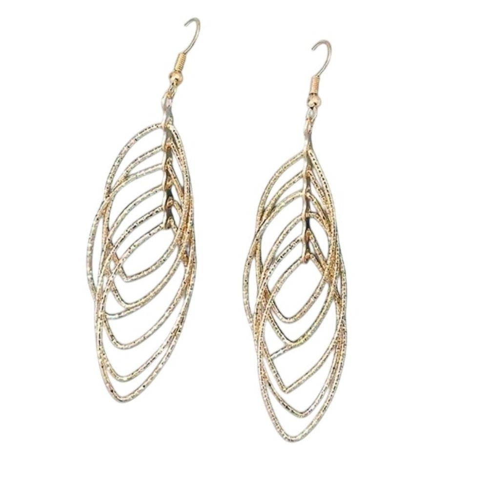 Gold Tone Layered Leaf Dangle Earrings Sparkle Glitter‎ Glamorous Feminine New